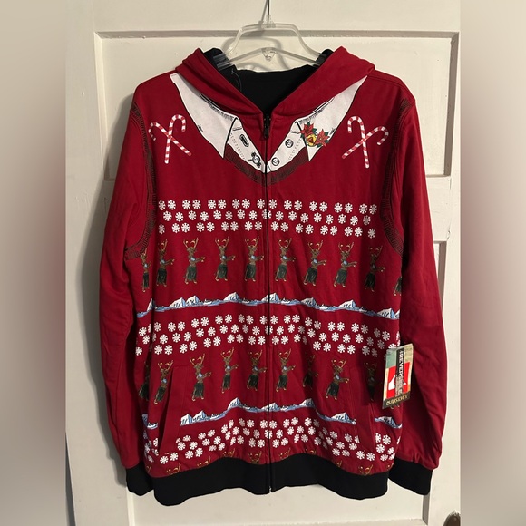 Quiksilver Red Zip Up Sweater with Reindeer Design - Picture 1 of 8